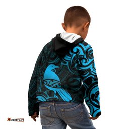 New Zealand Tui Bird Kid Hoodie Aotearoa Maori Pattern Blue