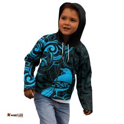 New Zealand Tui Bird Kid Hoodie Aotearoa Maori Pattern Blue