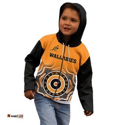 Custom Text And Number Wallabies Rugby Kid Hoodie Aussie Go Champions Indigenous Orange