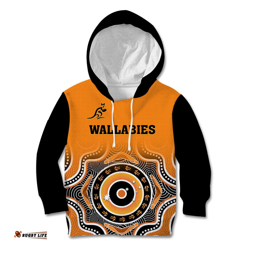 Custom Text And Number Wallabies Rugby Kid Hoodie Aussie Go Champions Indigenous Orange