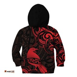 New Zealand Tui Bird Kid Hoodie Aotearoa Maori Pattern Red
