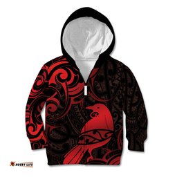 New Zealand Tui Bird Kid Hoodie Aotearoa Maori Pattern Red