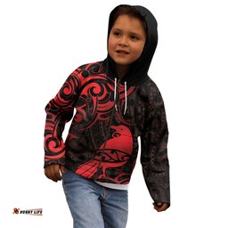 New Zealand Tui Bird Kid Hoodie Aotearoa Maori Pattern Red