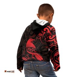 New Zealand Tui Bird Kid Hoodie Aotearoa Maori Pattern Red