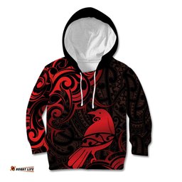 New Zealand Tui Bird Kid Hoodie Aotearoa Maori Pattern Red