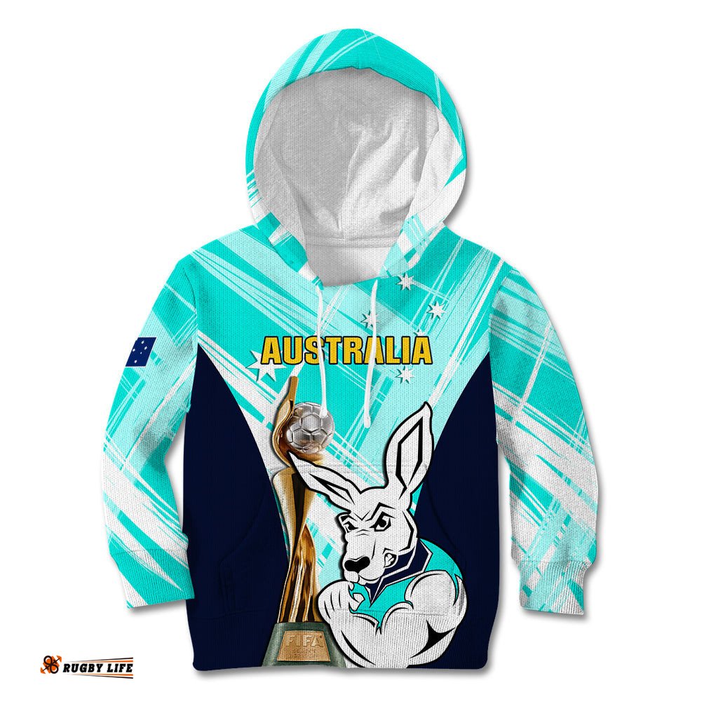 Custom Australia Soccer Kid Hoodie Matildas Kangaroo With World Cup Trophy Turquoise Version