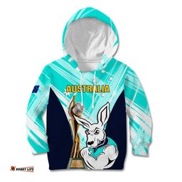 Custom Australia Soccer Kid Hoodie Matildas Kangaroo With World Cup Trophy Turquoise Version