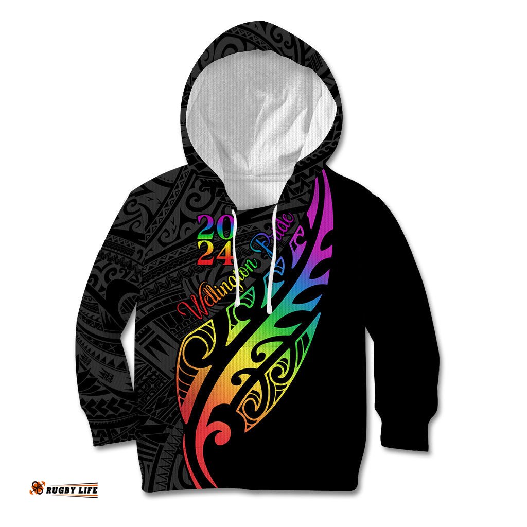 Personalised New Zealand Wellington Pride Kid Hoodie Maori Fern with Pride Flag 2024