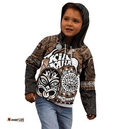 Te Reo Maori New Zealand Kid Hoodie Aotearoa Kia Haka Maori Tribal Tattoo Gold Style