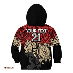 Custom Dolphins Rugby Kid Hoodie Reddy Hibiscus and Turtle With Polynesian Pattern