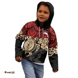 Custom Dolphins Rugby Kid Hoodie Reddy Hibiscus and Turtle With Polynesian Pattern
