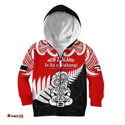 Custom Personalised Waitangi Day Hoodie KID Tino Rangatiratanga Flag With Tiki Maori Fern