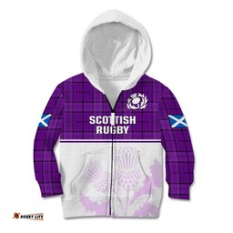 Scotland Rugby Kid Hoodie Thistle Mix Tartan Scottish Map Sporty Version Purple