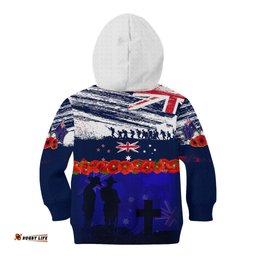New Zealand and Australia ANZAC Day Kid Hoodie Lest We Forget Red Poppy Flowers and Soldier
