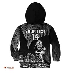 Custom Text And Number New Zealand Silver Fern Rugby Hoodie KID All Black Koru Maori