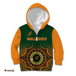 Custom Text And Number Wallabies Rugby Kid Hoodie Aussie Go Champions Indigenous Green