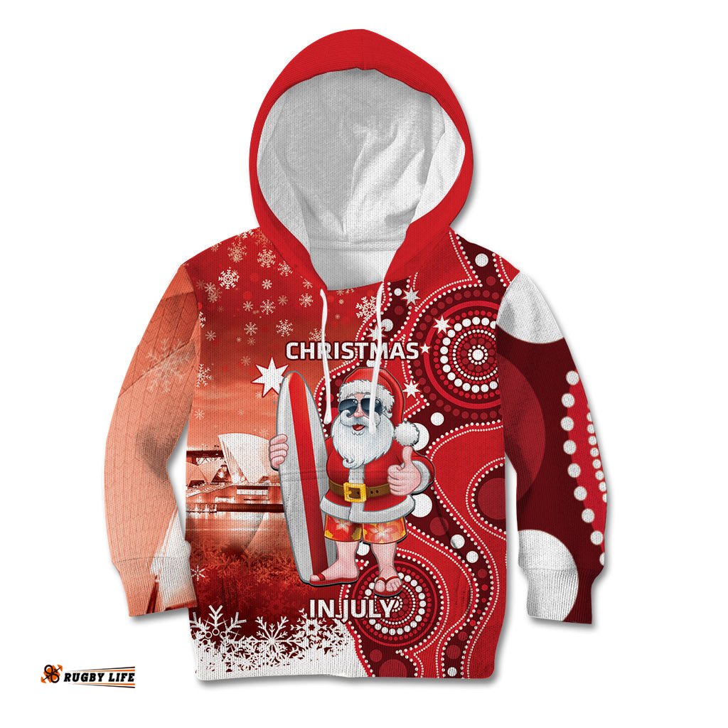 Christmas In July Australia Kid Hoodie Santa Surfboard Sydney Opera House Red