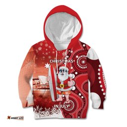 Christmas In July Australia Kid Hoodie Santa Surfboard Sydney Opera House Red