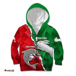 Custom Personalised Rabbitohs Mix Dolphins Rugby Kid Hoodie Sporty Style