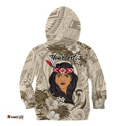 Personalized New Zealand Women's Day Kid Hoodie Maori Girl Feathers of Hope Beige