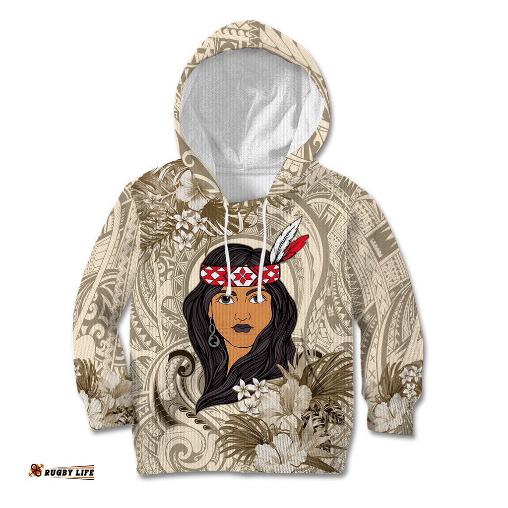 Personalized New Zealand Women's Day Kid Hoodie Maori Girl Feathers of Hope Beige