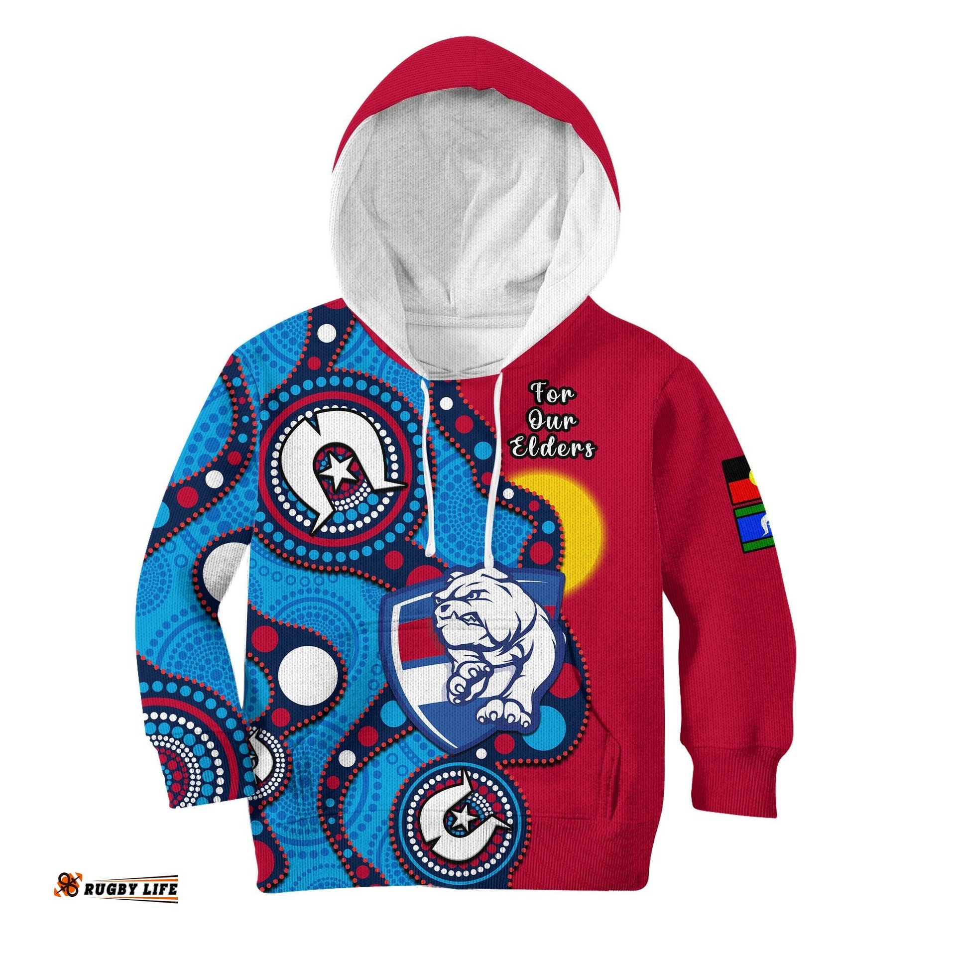 Custom Text And Number Western Bulldogs Football NAIDOC Hoodie KID Indigenous For Our Elders