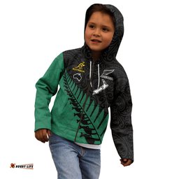 Custom Australia Wallabies and Aotearoa Rugby Kid Hoodie Kangaroo Black Fern Maori Green Vibe