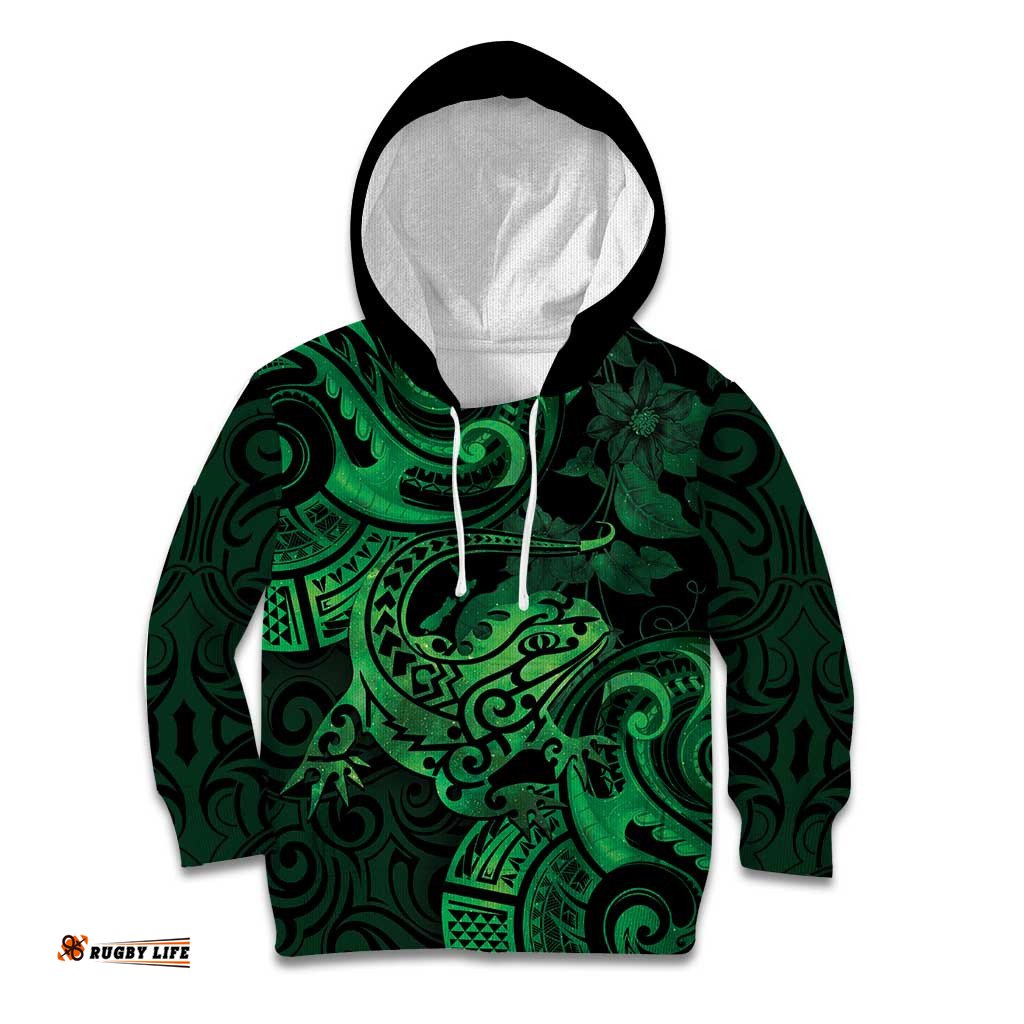New Zealand Tuatara Kid Hoodie Aotearoa Maori Clematis Flowers Green
