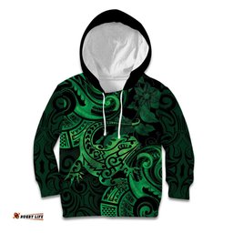 New Zealand Tuatara Kid Hoodie Aotearoa Maori Clematis Flowers Green