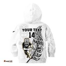 Custom Text And Number New Zealand Silver Fern Rugby Hoodie KID All Black Maori Version White