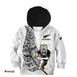 Custom Text And Number New Zealand Silver Fern Rugby Hoodie KID All Black Maori Version White