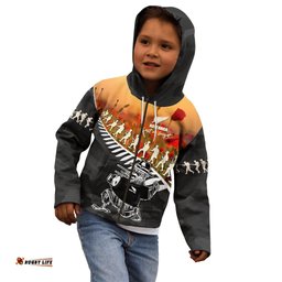New Zealand ANZAC Rugby Kid Hoodie Soldier Fern With Kiwi Bird