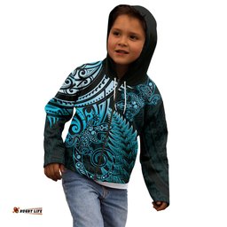 New Zealand Lizard Kid Hoodie Silver Fern Aotearoa Maori Blue Version