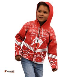 Personalised Swans Football Christmas Kid Hoodie Merry Xmas Mix Aboriginal Art