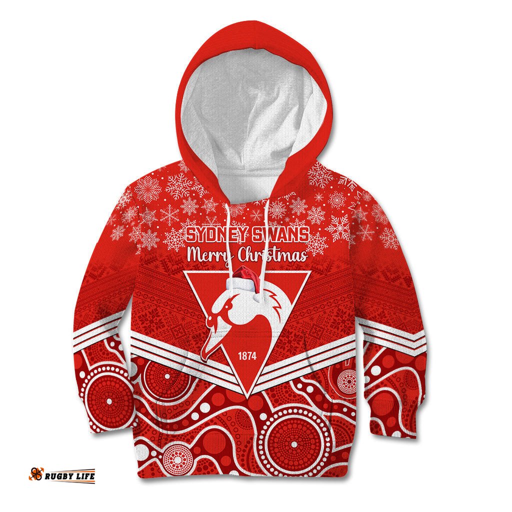 Personalised Swans Football Christmas Kid Hoodie Merry Xmas Mix Aboriginal Art