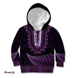 Purple African Dashiki With Aotearoa Maori Kid Hoodie Paua Shell Mix Silver Fern