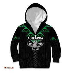 Personalised Aotearoa Rugby Kid Hoodie New Zealand Maori Kete Matauranga Pattern