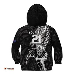 Custom New Zealand Maori Rugby Kid Hoodie Rarauhe Pango Silver Fern Manaia