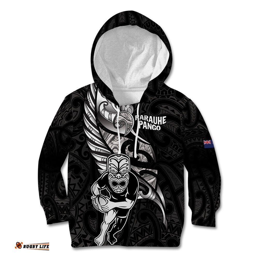 Custom New Zealand Maori Rugby Kid Hoodie Rarauhe Pango Silver Fern Manaia