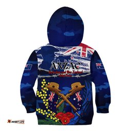 Australia And New Zealand ANZAC Day Kid Hoodie Lest We Forget Silver Fern With Golden Wattle