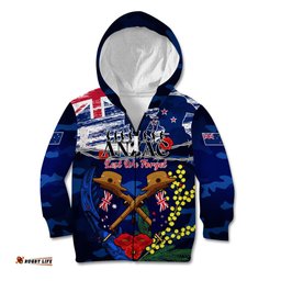 Australia And New Zealand ANZAC Day Kid Hoodie Lest We Forget Silver Fern With Golden Wattle