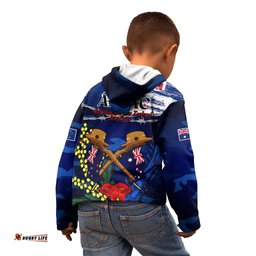 Australia And New Zealand ANZAC Day Kid Hoodie Lest We Forget Silver Fern With Golden Wattle