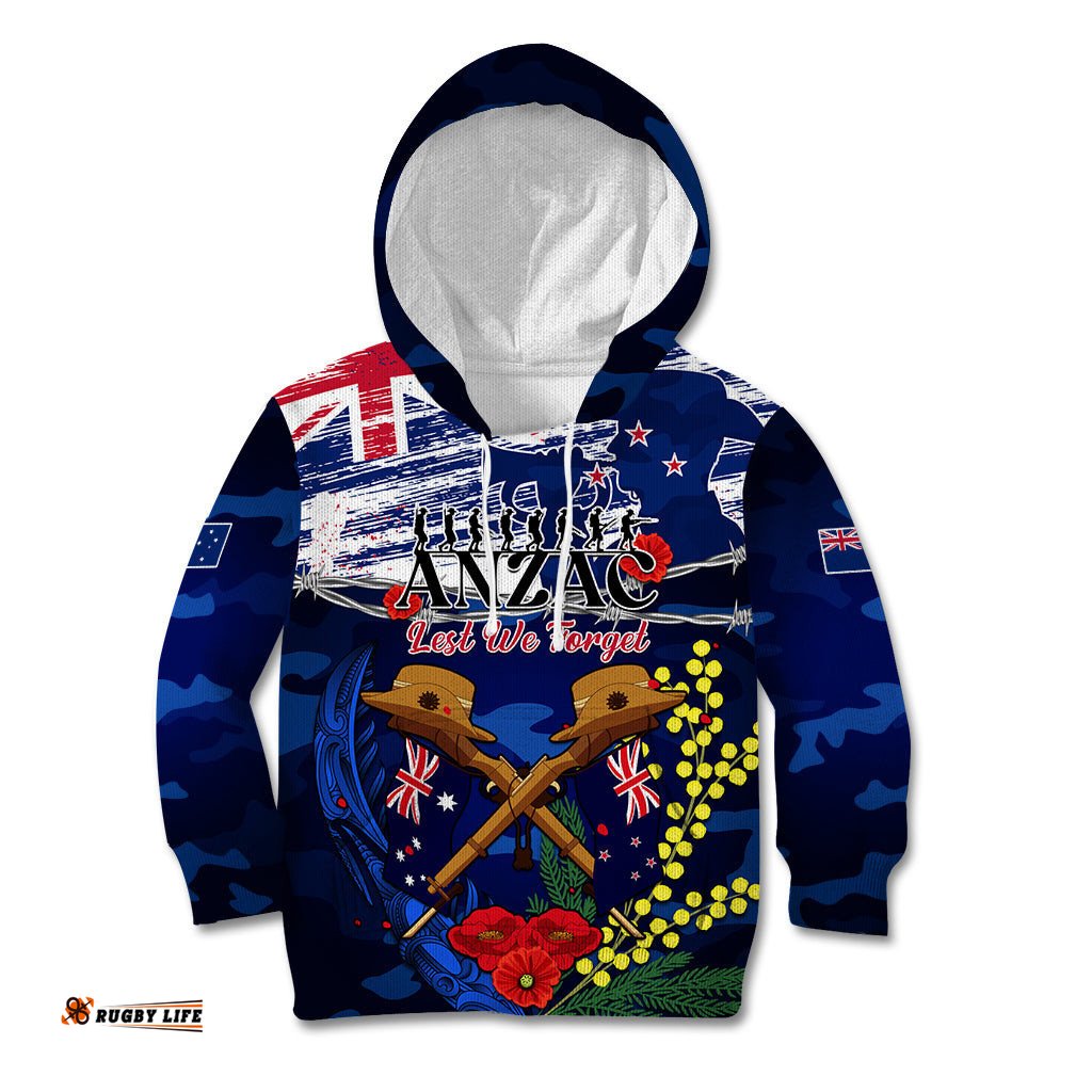 Australia And New Zealand ANZAC Day Kid Hoodie Lest We Forget Silver Fern With Golden Wattle