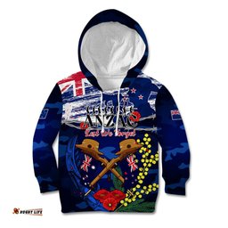 Australia And New Zealand ANZAC Day Kid Hoodie Lest We Forget Silver Fern With Golden Wattle