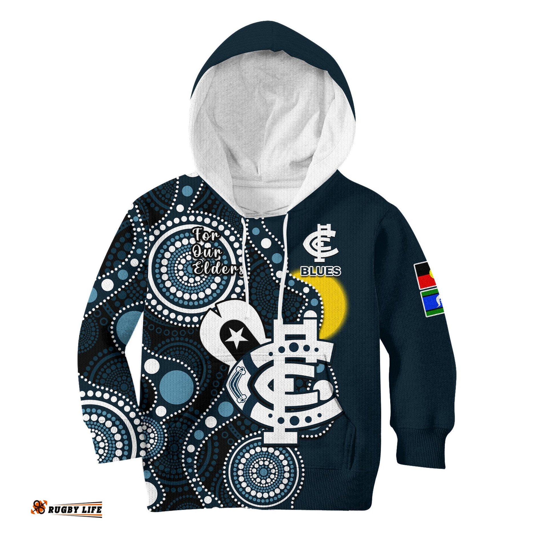 Carlton Football NAIDOC Hoodie KID Blues For Our Elders Indigenous Art