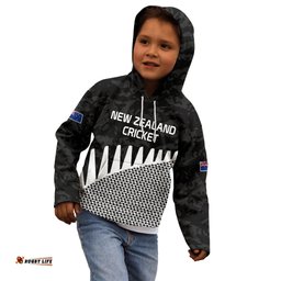 Custom Text And Number New Zealand Cricket Kid Hoodie Black Cap Sporty Style No1