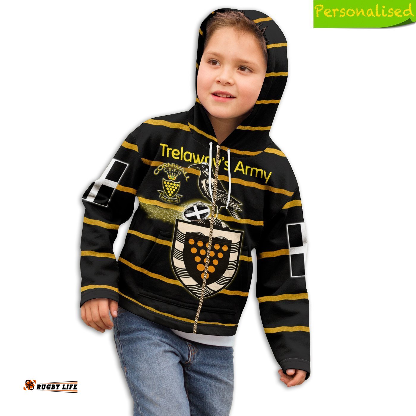 KID Custom Text Cornwall Rugby Personalised Zip Hoodie With Saint Piran's Flag