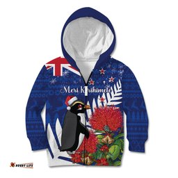 New Zealand Christmas In July Kid Hoodie Fiordland Penguin With Pohutukawa Flower