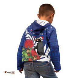 New Zealand Christmas In July Kid Hoodie Fiordland Penguin With Pohutukawa Flower