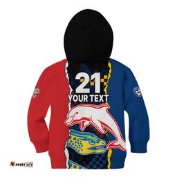 Custom Text And Number NRL Combine Dolphins and Parra Eels Kid Hoodie Simple Style